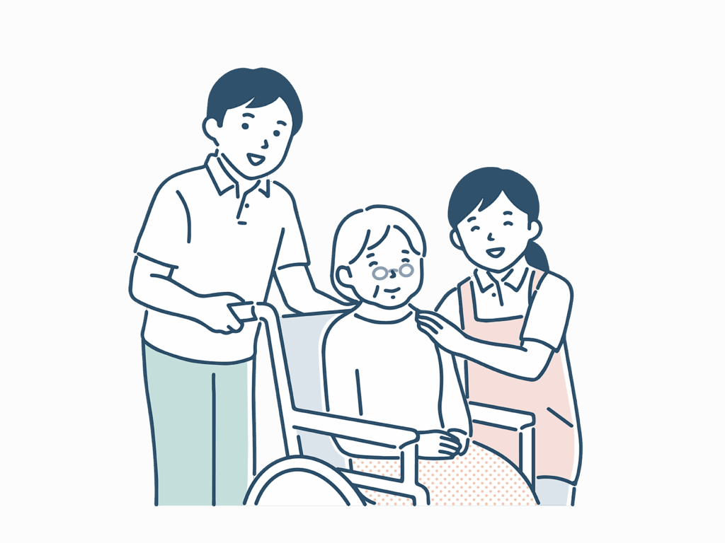 看護師が車椅子介助しているイラスト