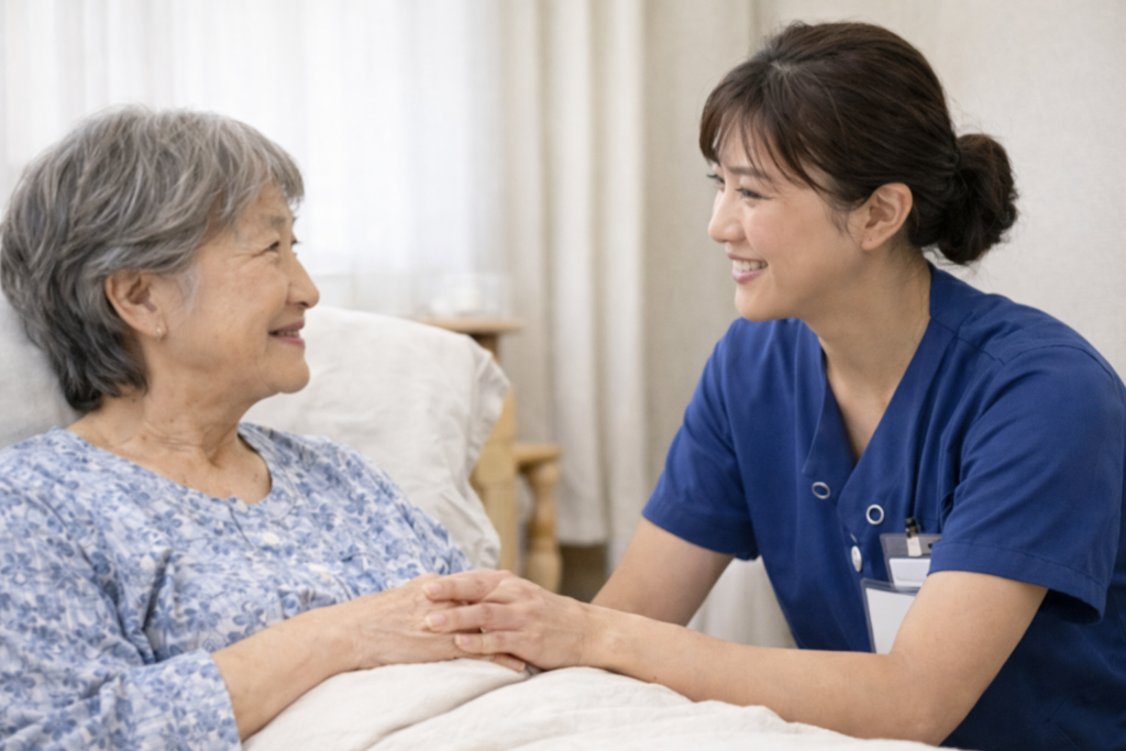 訪問看護師が患者に話しかける場面